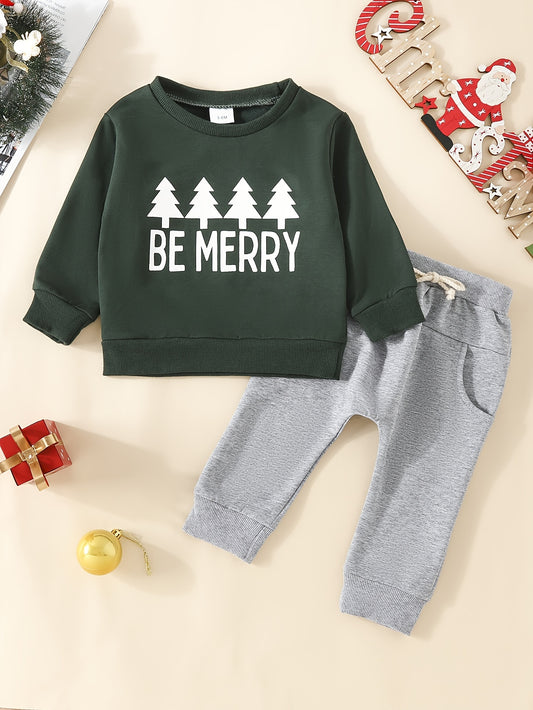 Baby Boys And Girls Christmas Print Cute Outfits, Kids 2pcs Sweatshirt Casual Pocket Pants Set