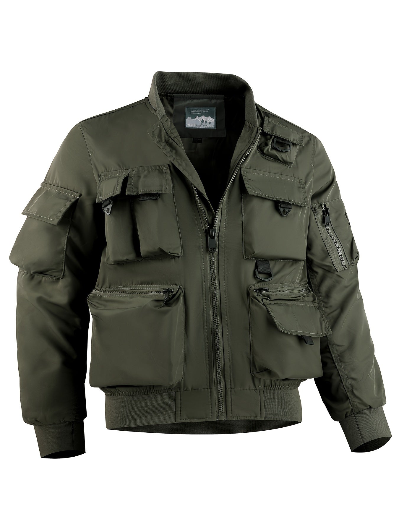 Mens Cargo Jacket with Multiple Pockets - Lightweight Stand Collar Windbreaker for Tactical Outdoor Wear