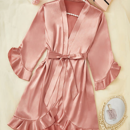 Elegant All-Season Satin Night Robe with Ruffle Detail, V-Neck & Long Sleeves – Luxurious Comfort with Belt, Easy-Care Women's Sleepwear