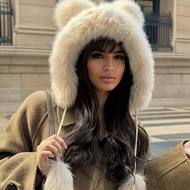 Cozy Plush Bear Ear Beanie For Women - Warm, Stretchy Acrylic Winter Hat With Ear Flaps, Fashionable & Versatile