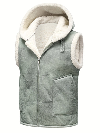 Premium Mens Faux Leather Sleeveless Hooded Vest - Ultra-Soft Fleece for Winter Warmth - Stylish Outwear Clothing for Men