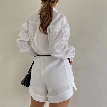 Aoaiiys White Short Sets Women Shirts Long Sleeve Linen Loose Blouse High Waist Shorts Suit Summer 2 Piece Womens Outfits 240518