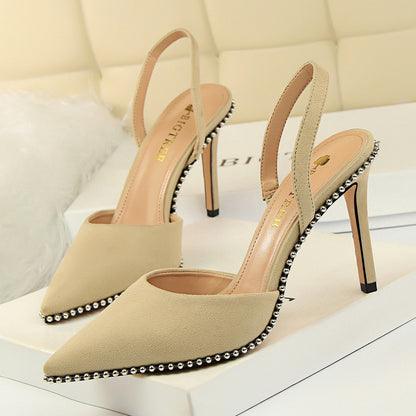 2025 313-2  style sexy nightclub showing thin high heel suede light mouth hollowed out rear tripple rivet pointed women's sandals