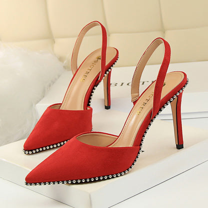 2025 313-2  style sexy nightclub showing thin high heel suede light mouth hollowed out rear tripple rivet pointed women's sandals