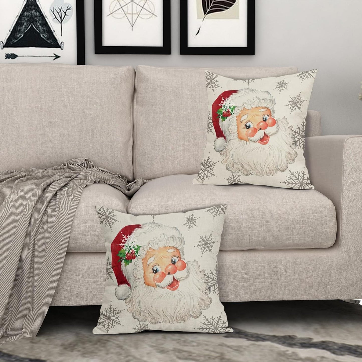 2PCS Christmas Santa Claus Pillow Covers - 16x16, 18x18, 20x20 Inch Reversible Rustic Xmas Snowflakes Print Decorative Outdoor Pillowcases with Zipper Closure and Linen Cover and Liner - Machine Washable Farmhouse Holiday Winter Decorations for Couch Sofa