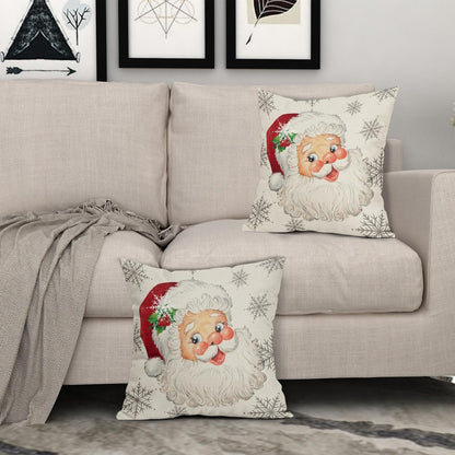 2PCS Christmas Santa Claus Pillow Covers - 16x16, 18x18, 20x20 Inch Reversible Rustic Xmas Snowflakes Print Decorative Outdoor Pillowcases with Zipper Closure and Linen Cover and Liner - Machine Washable Farmhouse Holiday Winter Decorations for Couch Sofa