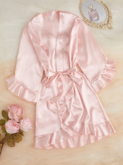 Elegant All-Season Satin Night Robe with Ruffle Detail, V-Neck & Long Sleeves – Luxurious Comfort with Belt, Easy-Care Women's Sleepwear