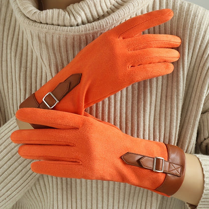 Winter Chic Velvet Lined Suede Gloves - Touch Screen, Windproof, Elastic Full Finger Gloves for Weekend Casual - Elegant Solid Color Knitted Gloves with Faux Leather Buckle