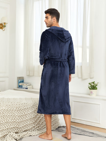 Men's Luxurious Flannel Hooded Bathrobe - Soft, Warm, and Cozy with Long Sleeves, Belt, and Elegant Color - Perfect Nightgown for Autumn and Winter