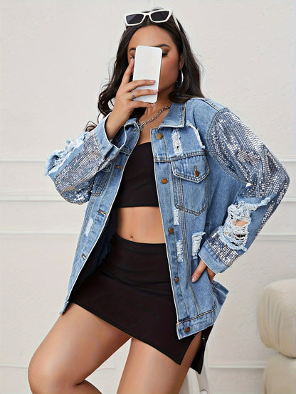 Shimmering Sequin Denim Jacket - Oversized, Ripped & Distressed - Long Sleeve with Flap Pockets - Loose Fit Womens Coat - Ideal for Carnaval Music Festivals