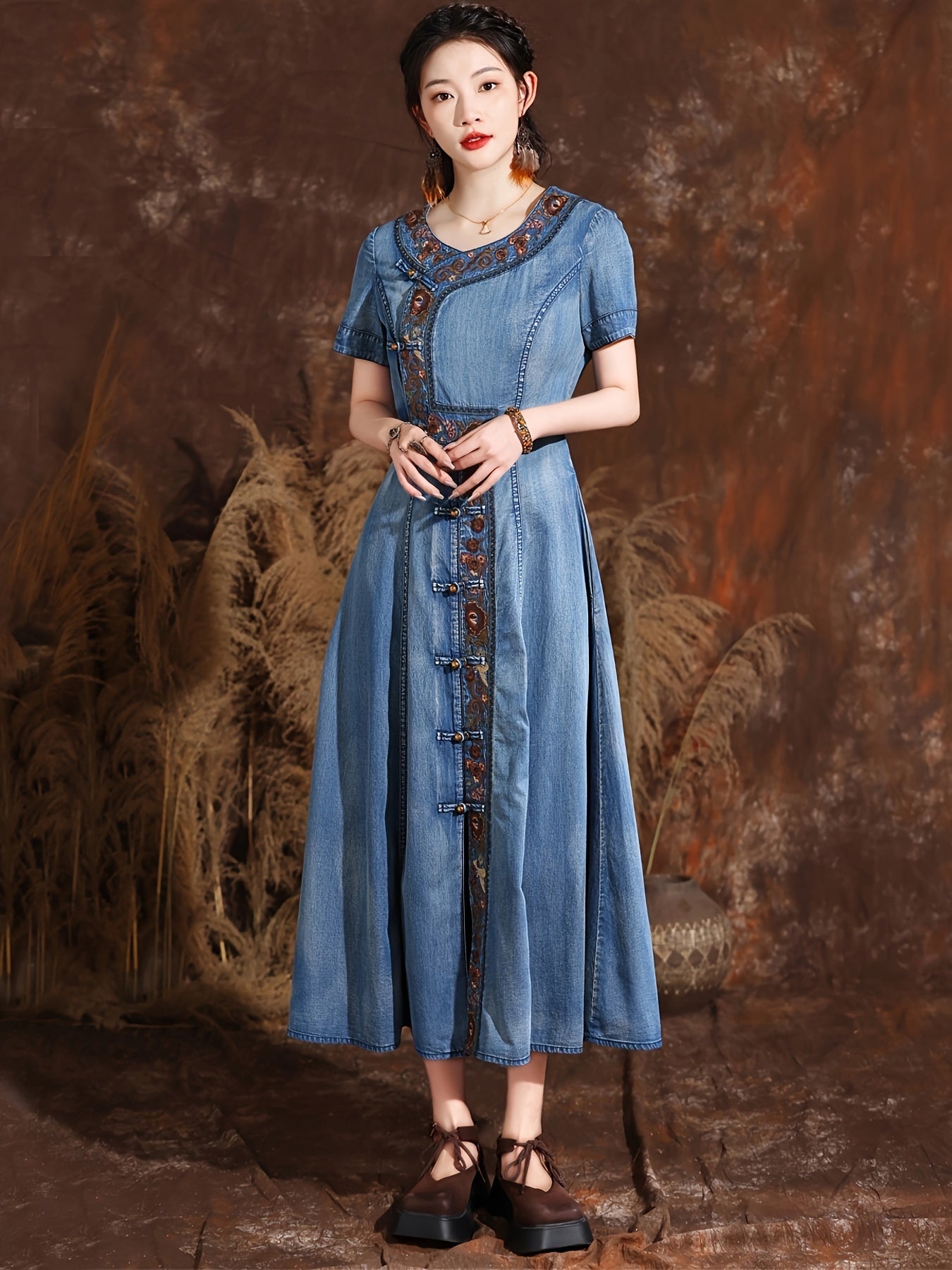 Floral Embroidery Chinese Cheongsam Style Pankou Knots Closure Short Sleeve Elegant Vintage Denim Dress, Women's Denim Jeans & Clothing