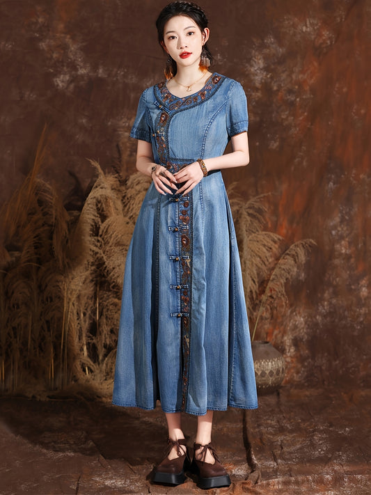 Floral Embroidery Chinese Cheongsam Style Pankou Knots Closure Short Sleeve Elegant Vintage Denim Dress, Women's Denim Jeans & Clothing
