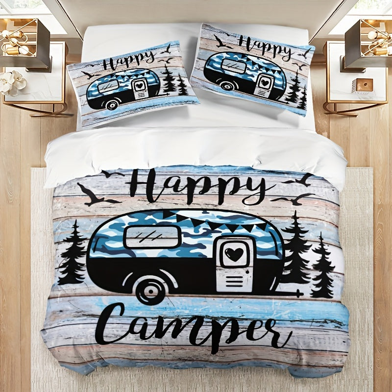 3pcs Camping Theme Duvet Cover Set, Fashion Forest Car Print Bedding Set, Soft Comfortable Duvet Cover, For Bedroom, Guest Room (1*Duvet Cover + 2*Pillowcase, Without Core)