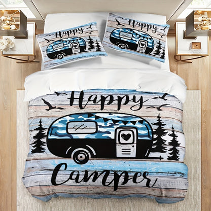 3pcs Camping Theme Duvet Cover Set, Fashion Forest Car Print Bedding Set, Soft Comfortable Duvet Cover, For Bedroom, Guest Room (1*Duvet Cover + 2*Pillowcase, Without Core)