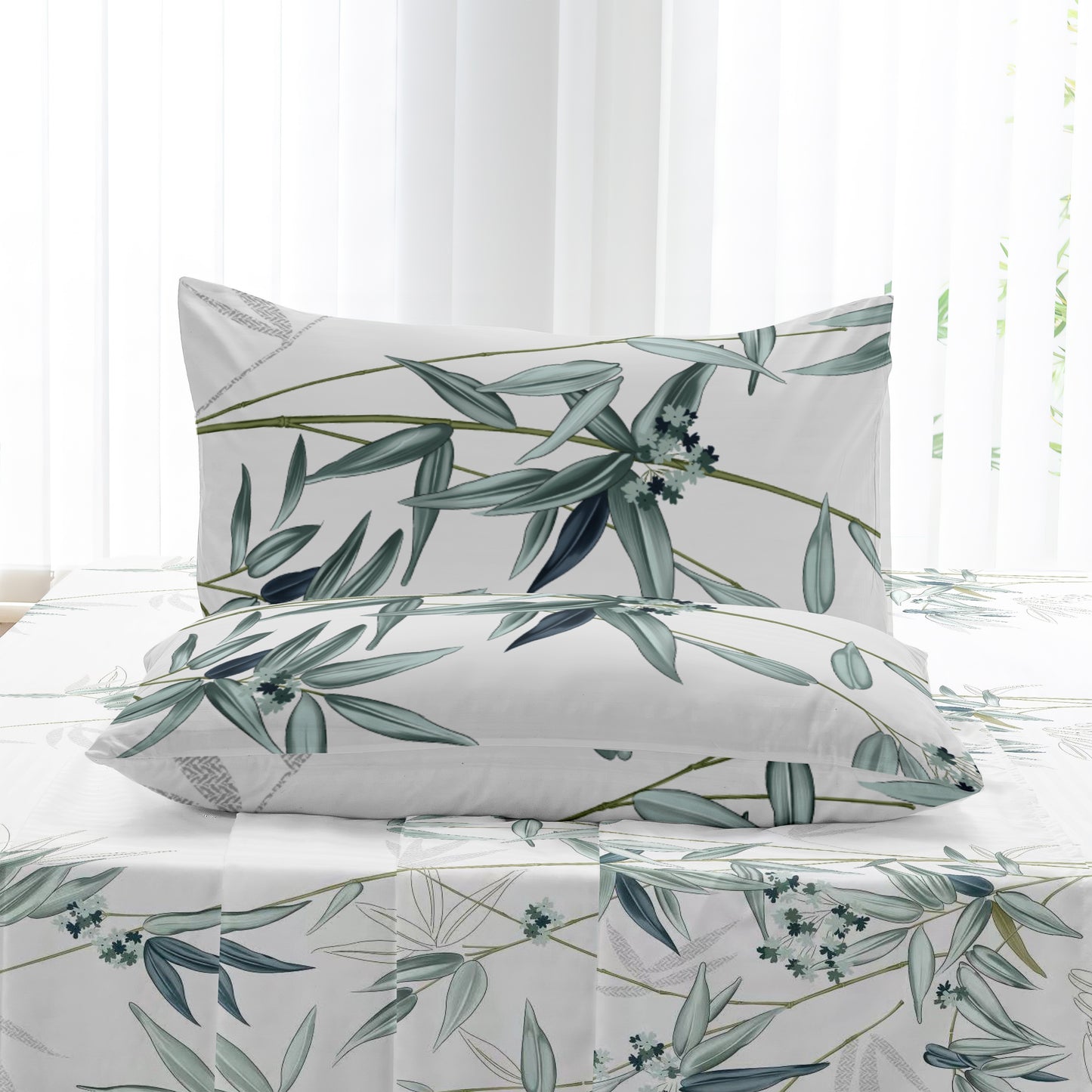4pcs Luxurious Bamboo Leaf Print Fitted Sheet Set - Soft, Breathable, Comfortable, Hypoallergenic Bedding for Bedroom, Guest Room - 1 Flat Sheet, 1 Fitted Sheet, 2 Pillowcases, No Core Included, Easy Care, Wrinkle-Resistant, and Fade-Proof