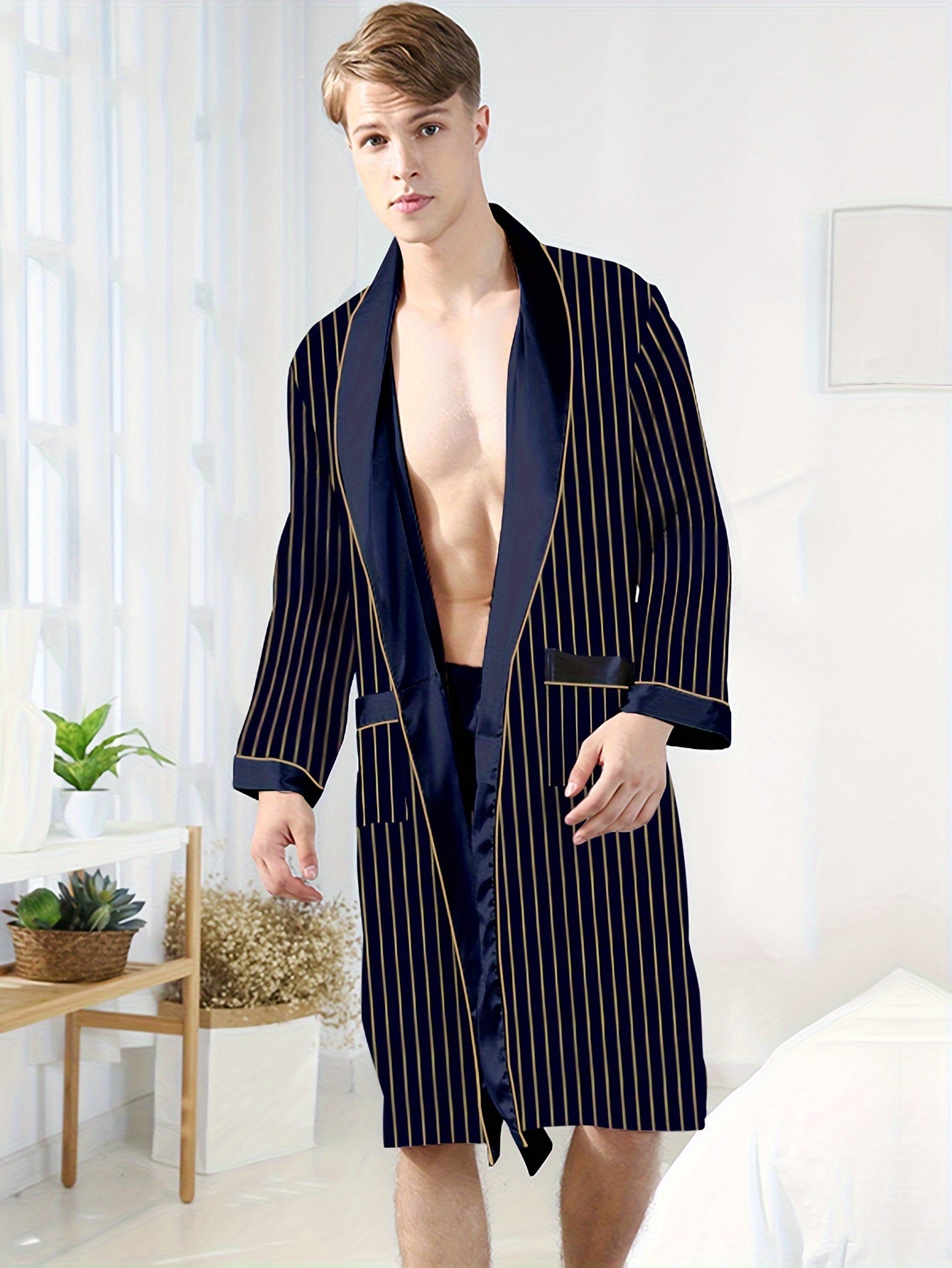 Ultra-Soft Mens Striped Loungewear Robe with Convenient Pockets - Effortless Lace-Up Closure for Cozy Nighttime Wear - Stylish One-Piece Pajamas