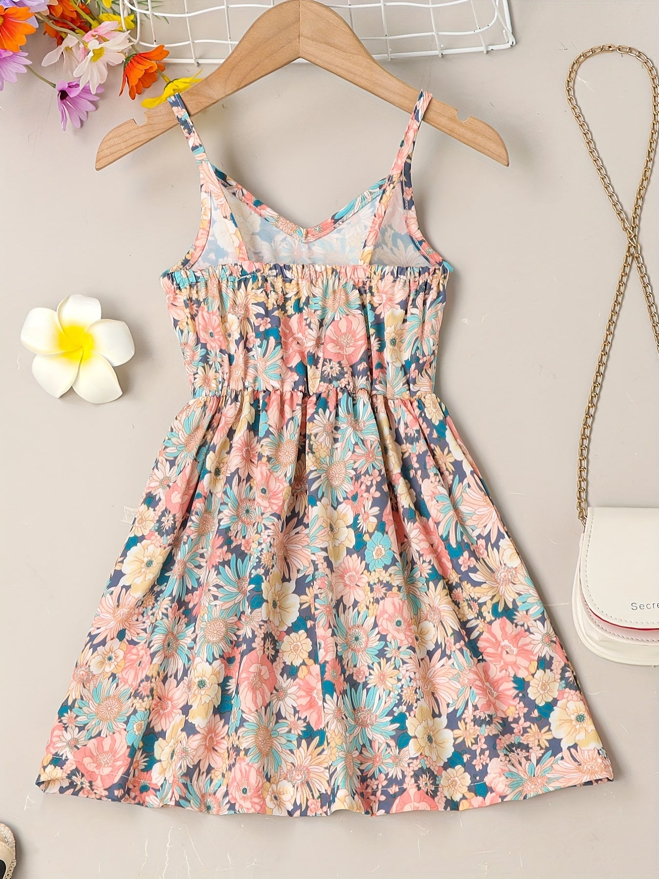 Girls' Summer Floral Sundress - Easy-Care, Durable Fabric with Casual V-Neck & Elastic Waist