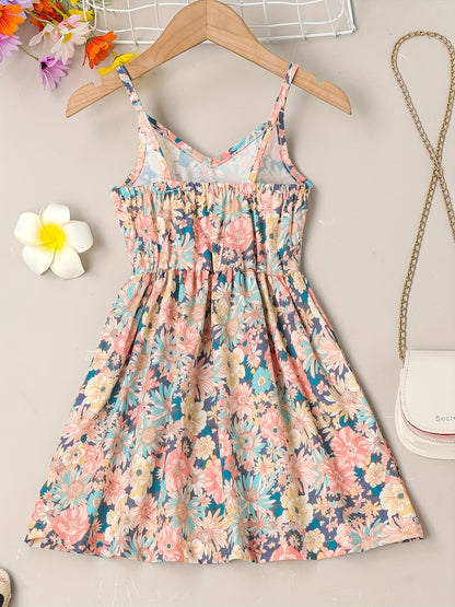 Girls' Summer Floral Sundress - Easy-Care, Durable Fabric with Casual V-Neck & Elastic Waist