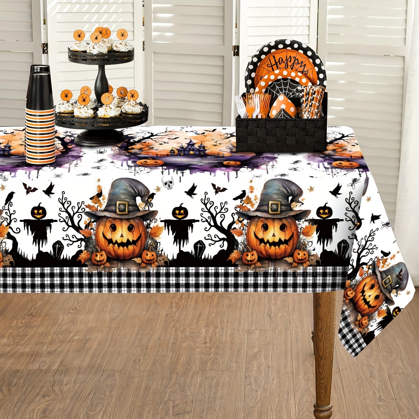 1pc Vibrant Halloween Tablecloth - Polyester Table Cover for Home Kitchen Dining Picnic Decoration with Black White Buffalo Check Ghost Pumpkin Skeleton Castle Holiday Pattern - Perfect for Spooky Season Home Supplies
