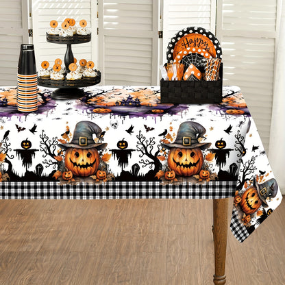 1pc Vibrant Halloween Tablecloth - Polyester Table Cover for Home Kitchen Dining Picnic Decoration with Black White Buffalo Check Ghost Pumpkin Skeleton Castle Holiday Pattern - Perfect for Spooky Season Home Supplies