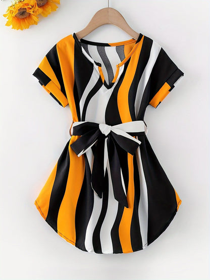 Girls Adorable Striped Dress with Chic Strap - Short Sleeve Summer Wear for Parties & Gifts - Comfortable & Fashionable