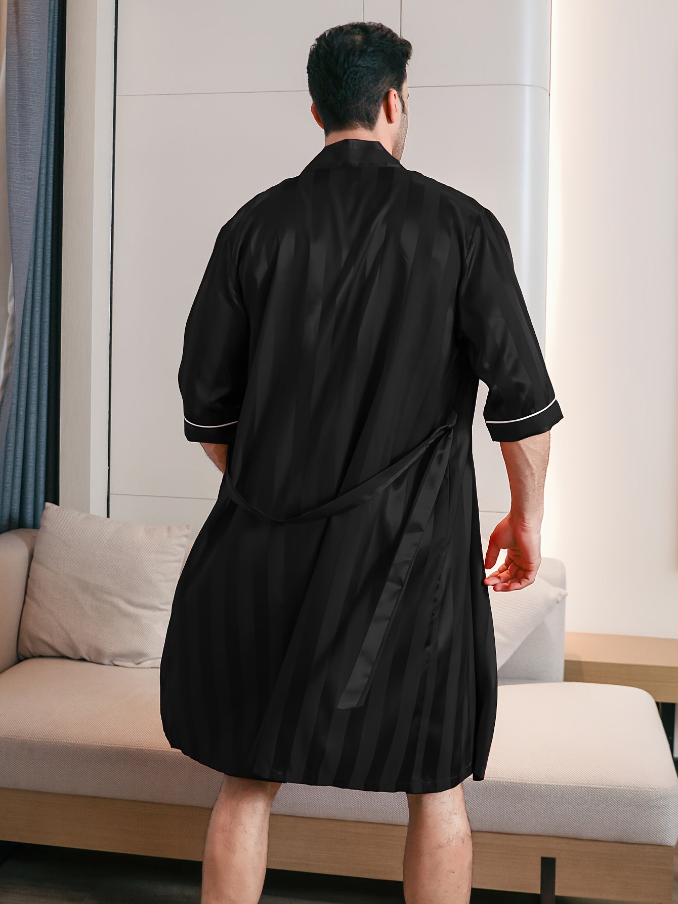 Men's Luxurious Short Sleeve Ice Silk Kimono Robe - Lightweight, Breathable, Striped Print, Drawstring Design, Perfect for Spring, Autumn, and Summer Home Lounge Wear