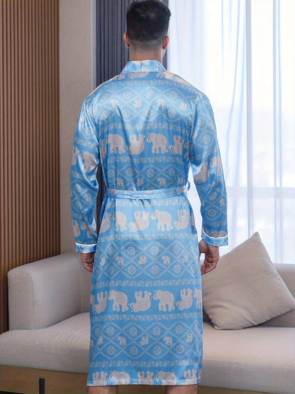 Men's Long Sleeve & Elephant Pattern Robes, Soft Comfy & Gentle Casual Nightgown For Men's Indoor Activities