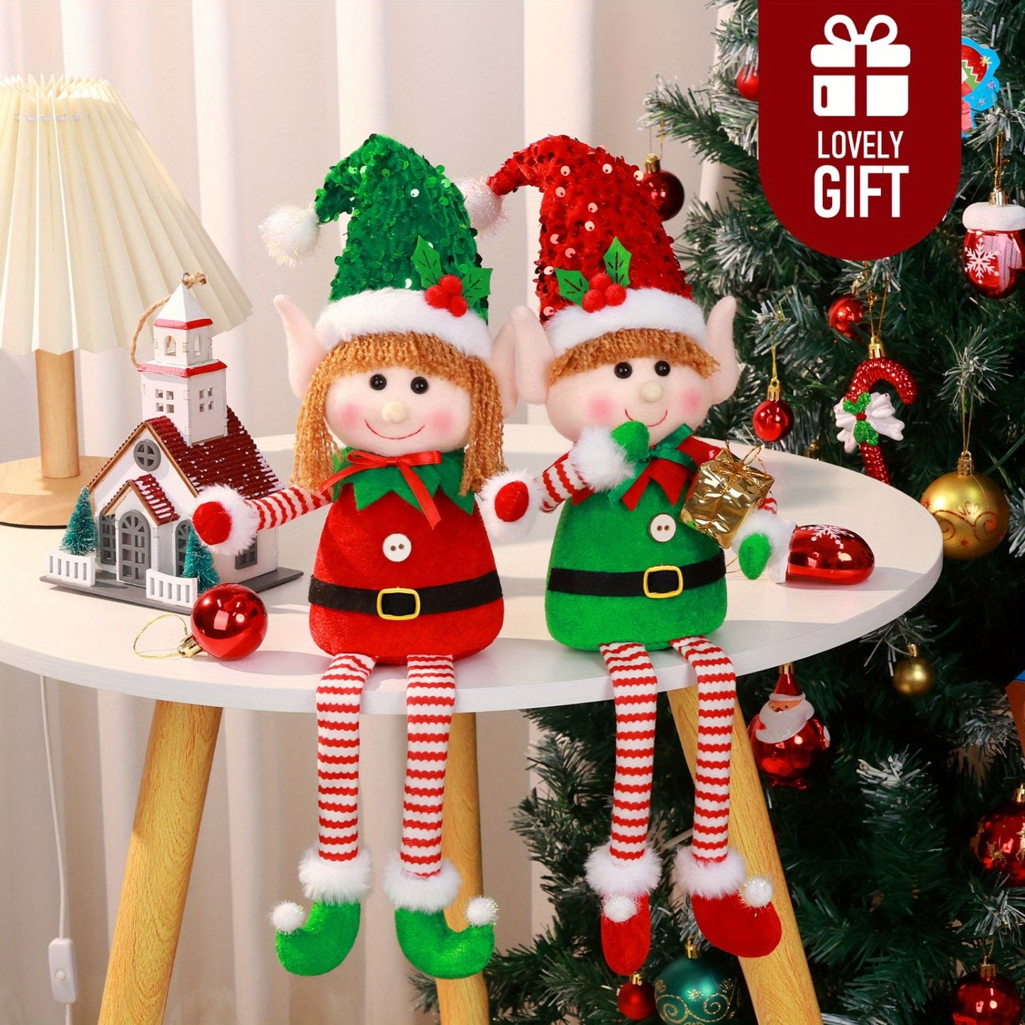 2pcs Festive Christmas Elf Plush Dolls, Long Legged Elf Figurines, Polyester Tabletop Decor, Non-Electric Holiday Accents for Seasonal Display