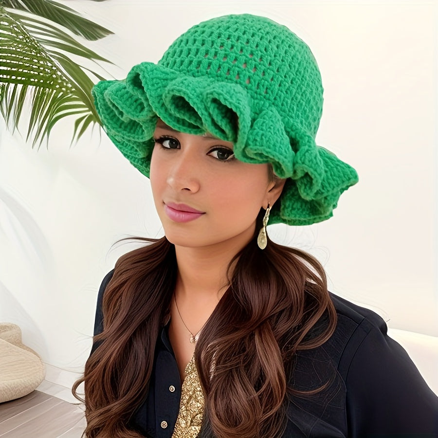 Chic Multicolor Crochet Ruffle Bucket Hat for Women & Men - Warm Knit Fisherman Cap with Elastic Fit, Lightweight & Stylish