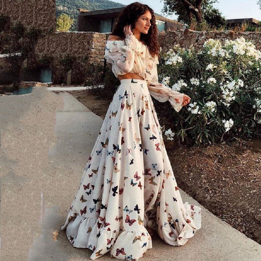 FLOWERSVERSE Cross-border new 2025 Internet celebrities ins butterfly print two-piece bohemian big skirt beach dress