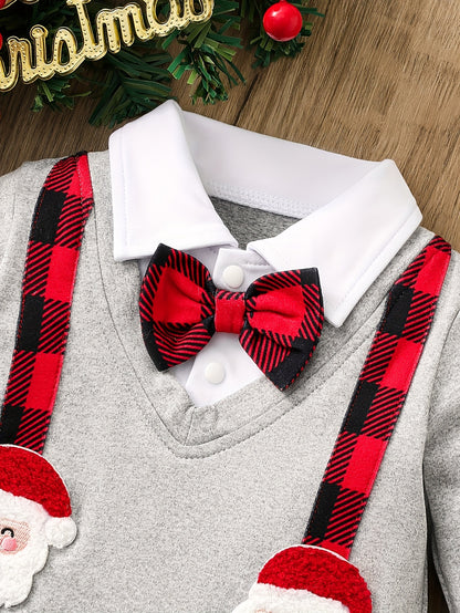 Christmas Baby Boy 2-Piece Outfit - Cute Santa Claus Pattern Long Sleeve Collar Onesie And Plaid Pants Set, Fall/Winter
