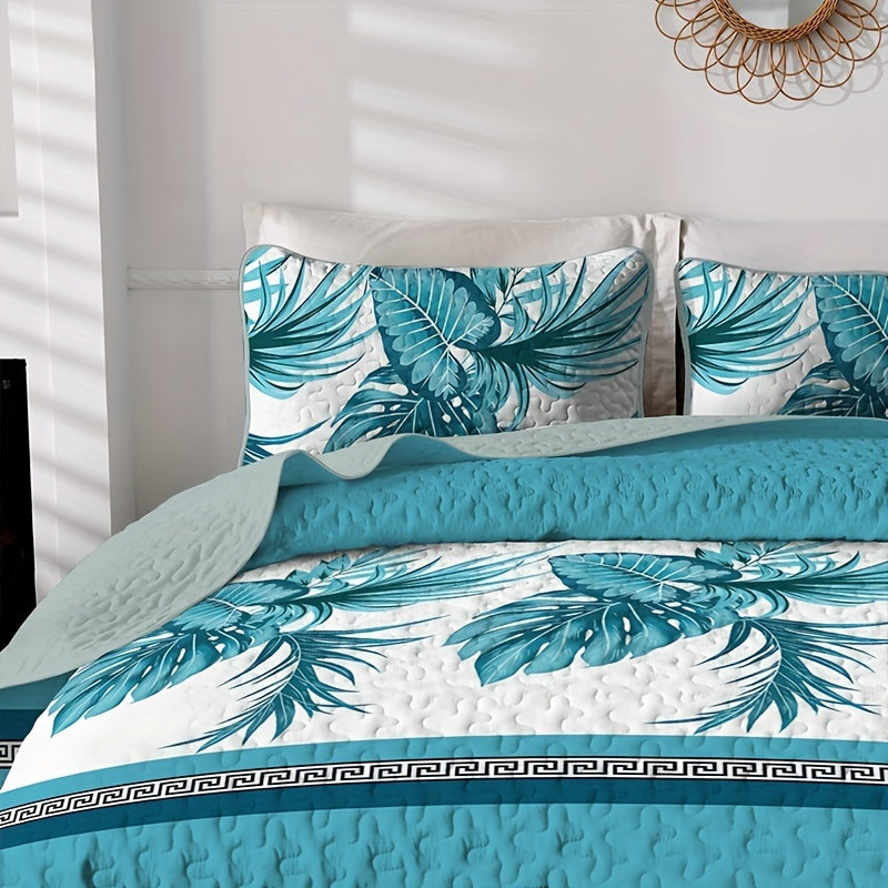 3-Piece Bedspread Set - Soft, Lightweight, and Vibrant Blue Leaf Plant Flower Print - Perfect for Home and Bedroom Decoration, All-Season Comfort