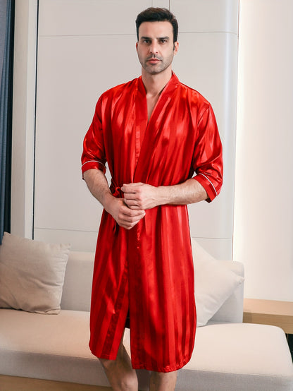 Men's Luxurious Short Sleeve Ice Silk Kimono Robe - Lightweight, Breathable, Striped Print, Drawstring Design, Perfect for Spring, Autumn, and Summer Home Lounge Wear