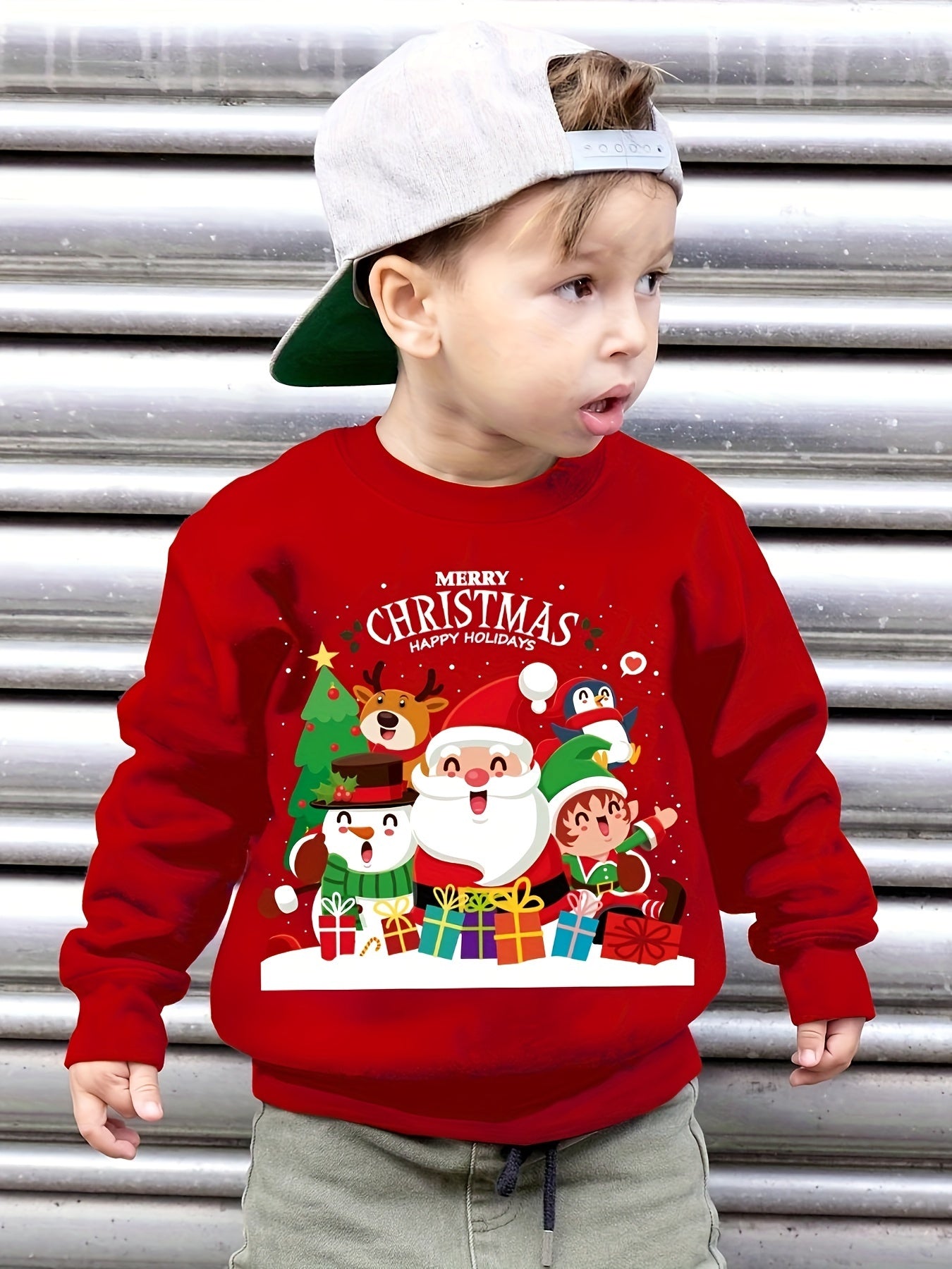 Boys' Cozy Fleece-Lined Christmas Sweatshirt with Santa & Friends Print - Casual Long Sleeve Pullover for Fall/Winter