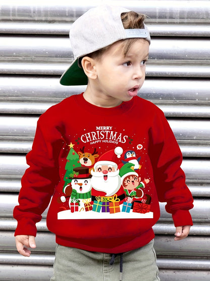 Boys' Cozy Fleece-Lined Christmas Sweatshirt with Santa & Friends Print - Casual Long Sleeve Pullover for Fall/Winter