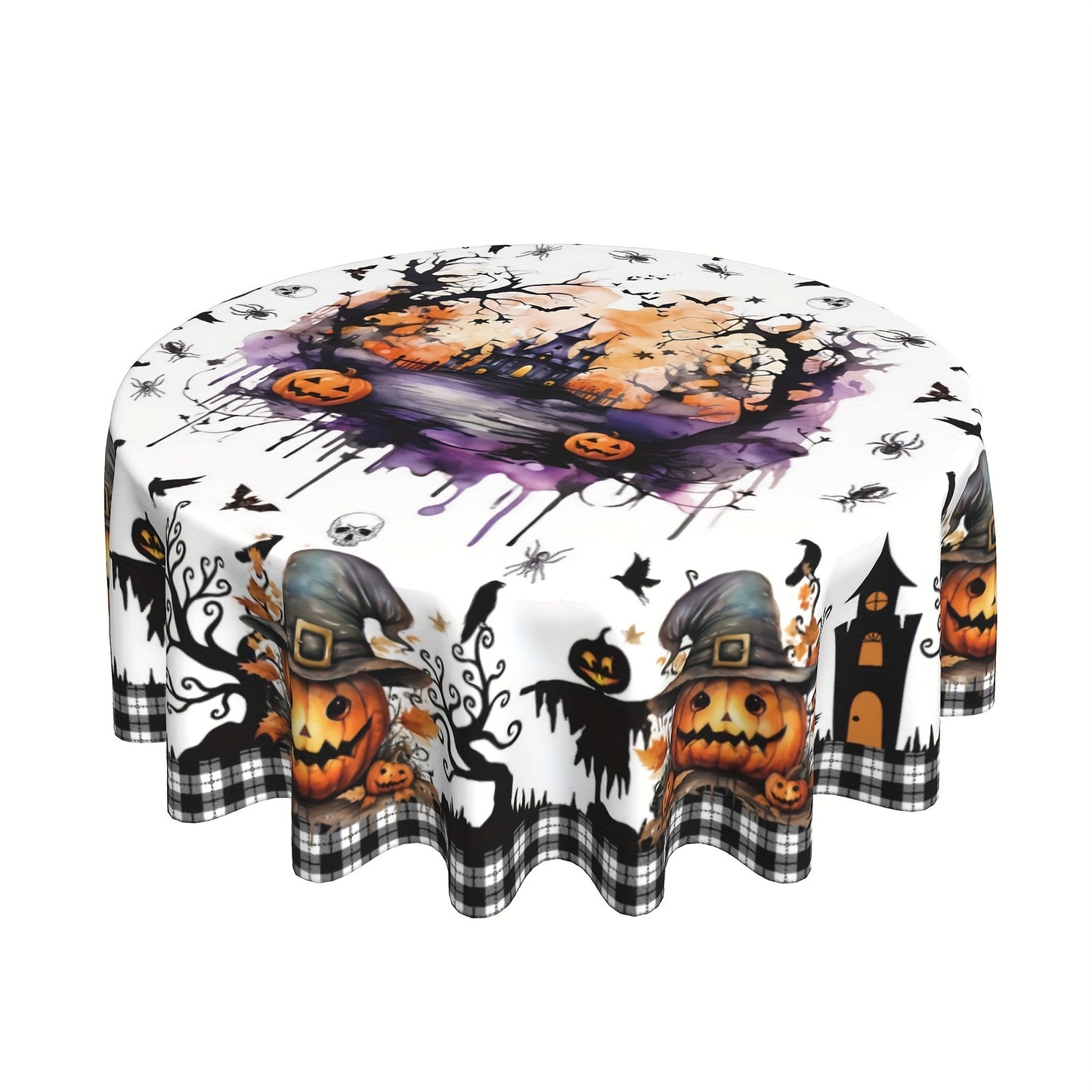 1pc Vibrant Halloween Tablecloth - Polyester Table Cover for Home Kitchen Dining Picnic Decoration with Black White Buffalo Check Ghost Pumpkin Skeleton Castle Holiday Pattern - Perfect for Spooky Season Home Supplies