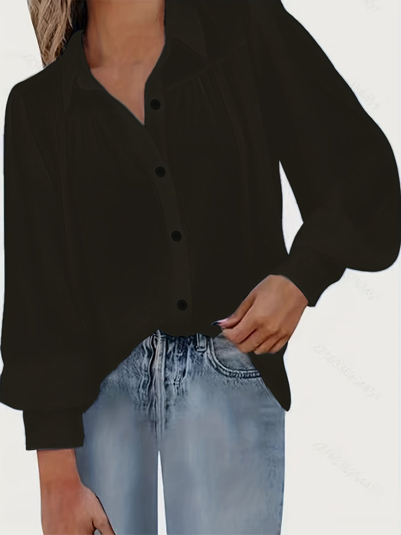 Chic Plus Size Lantern Sleeve Blouse - Comfort Stretch, Sleek Button-Up, Versatile for Work & Casual