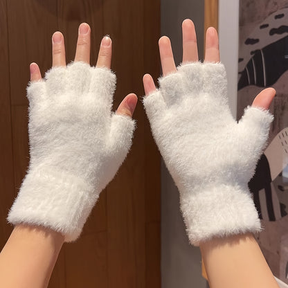 Full Finger Winter Fuzzy Gloves, Simple Windproof Thick Casual Warm Gloves, Writing Gloves, Fingerless Soft Cycling Gloves