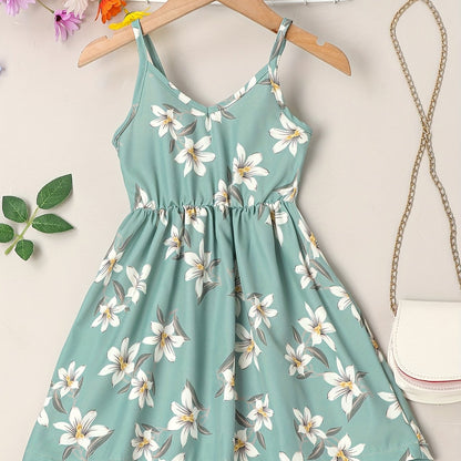 Girls' Summer Floral Sundress - Easy-Care, Durable Fabric with Casual V-Neck & Elastic Waist