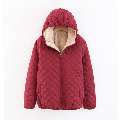winter clothing Korean version slim and thin plaid lamb wool hooded closure thickened warm cotton-padded clothes women's plus size