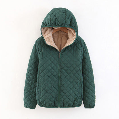 winter clothing Korean version slim and thin plaid lamb wool hooded closure thickened warm cotton-padded clothes women's plus size