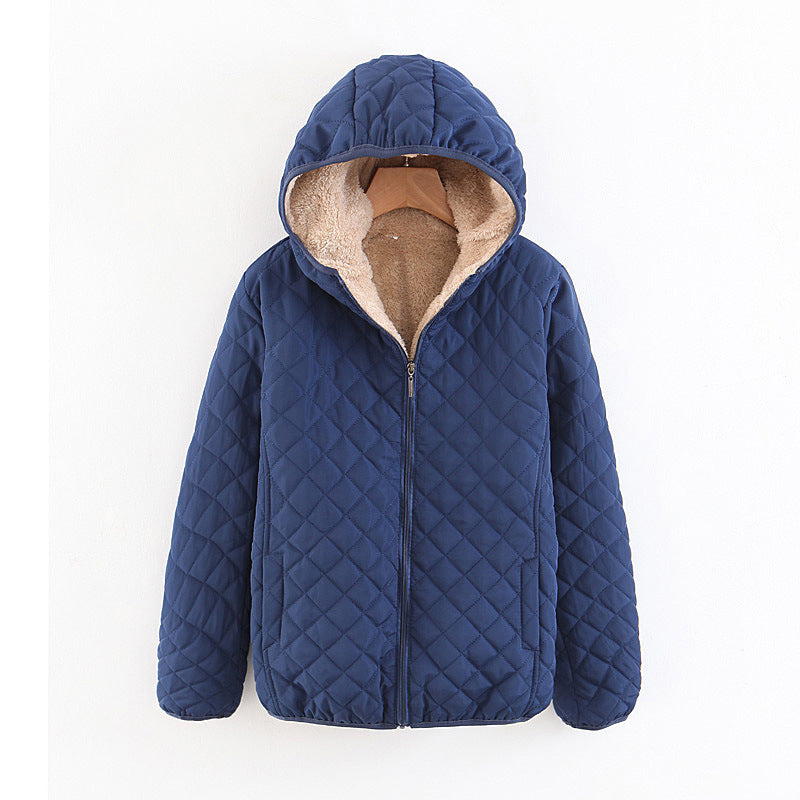 winter clothing Korean version slim and thin plaid lamb wool hooded closure thickened warm cotton-padded clothes women's plus size
