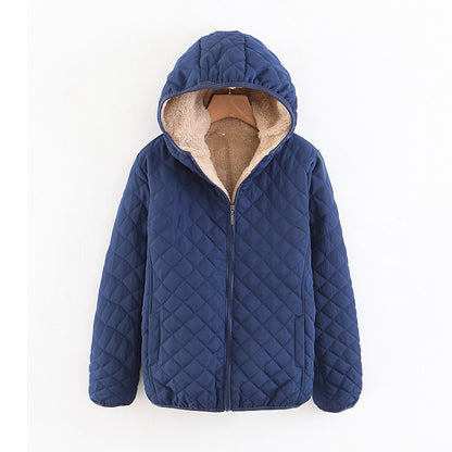winter clothing Korean version slim and thin plaid lamb wool hooded closure thickened warm cotton-padded clothes women's plus size