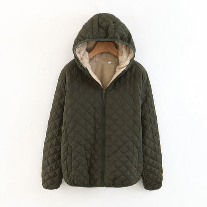 winter clothing Korean version slim and thin plaid lamb wool hooded closure thickened warm cotton-padded clothes women's plus size