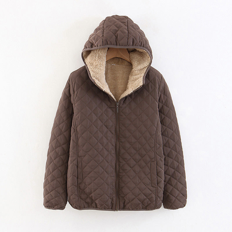 winter clothing Korean version slim and thin plaid lamb wool hooded closure thickened warm cotton-padded clothes women's plus size