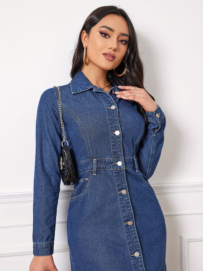 Women's Casual Plain Denim Dress, Long-Sleeve Button-Down Midi Jean Dress Versatile Fashion For Daily Wear - Perfect For Fall & Winter