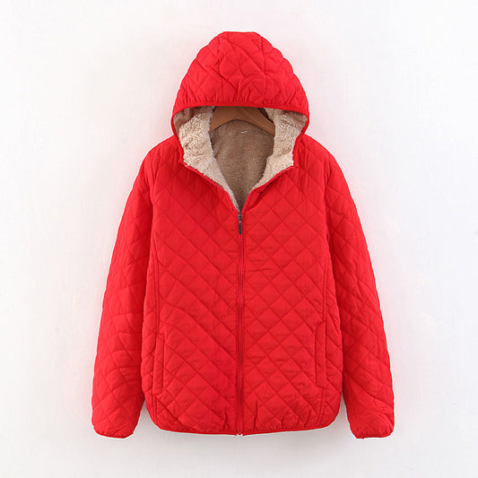winter clothing Korean version slim and thin plaid lamb wool hooded closure thickened warm cotton-padded clothes women's plus size