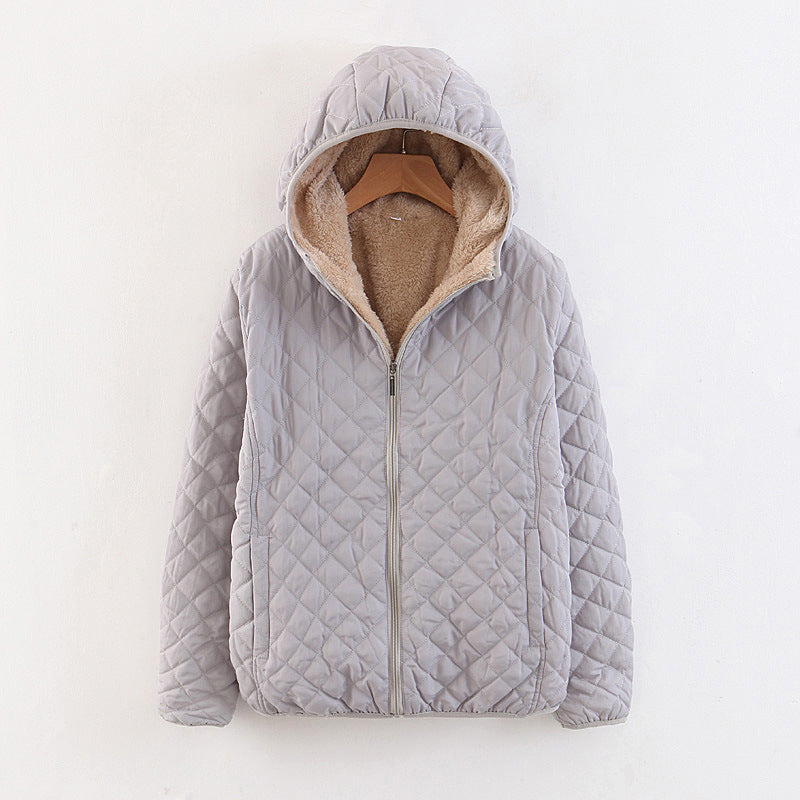 winter clothing Korean version slim and thin plaid lamb wool hooded closure thickened warm cotton-padded clothes women's plus size
