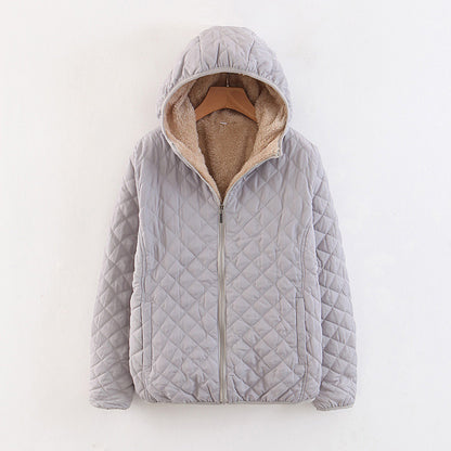 winter clothing Korean version slim and thin plaid lamb wool hooded closure thickened warm cotton-padded clothes women's plus size