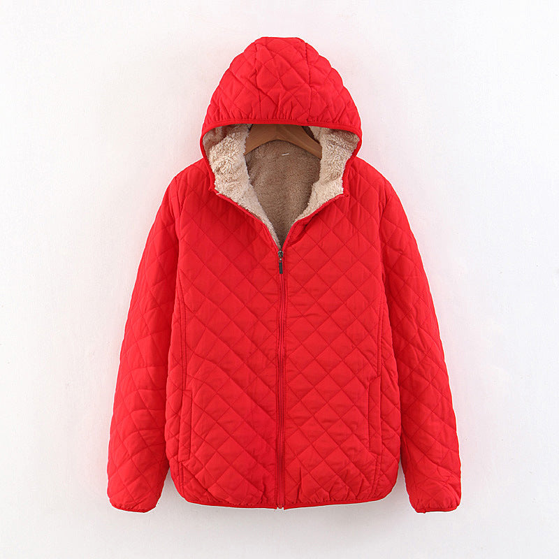 winter clothing Korean version slim and thin plaid lamb wool hooded closure thickened warm cotton-padded clothes women's plus size